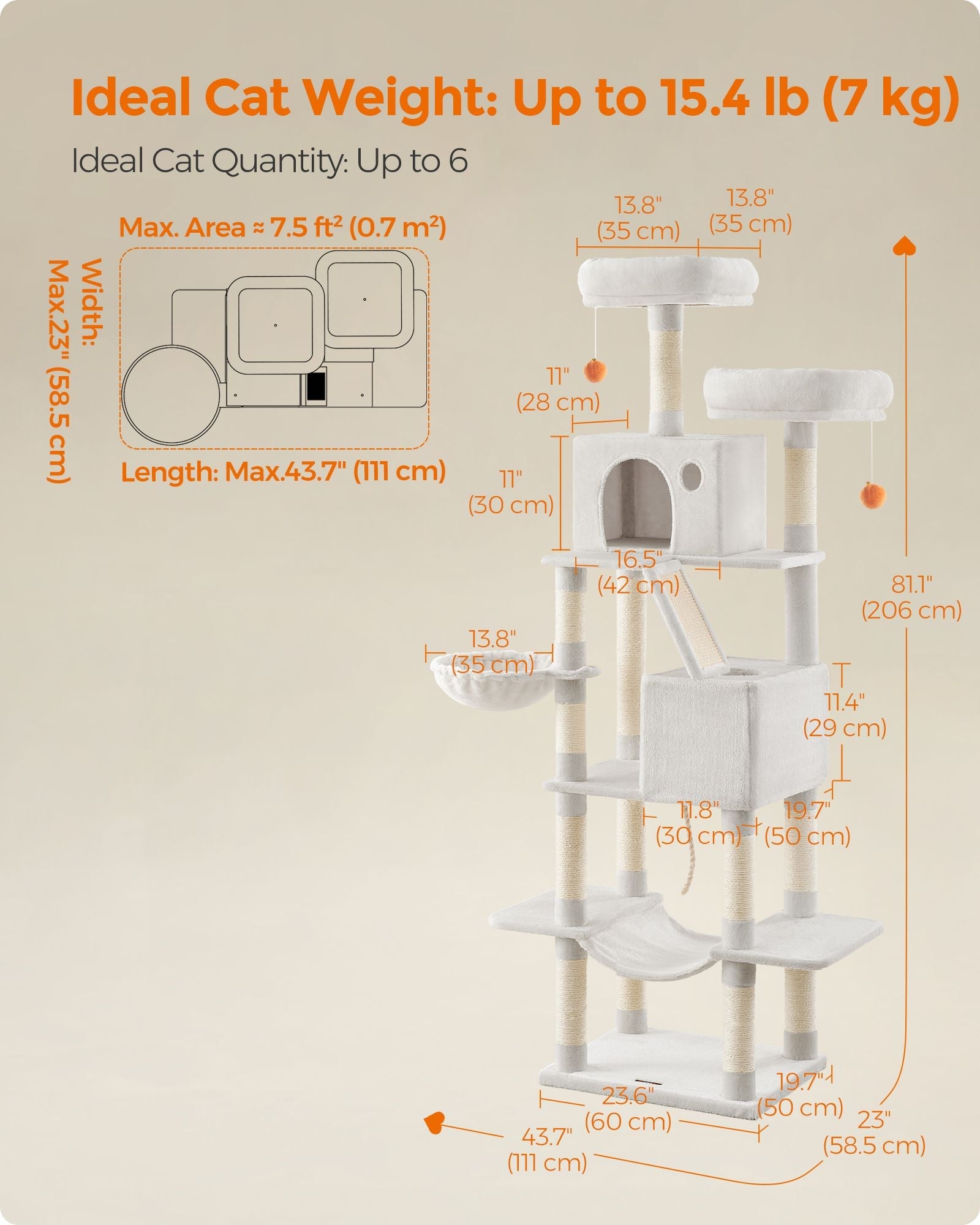 Large Multi-Level Cat Tree – Plywood – Cream White – 13 Scratching Posts
