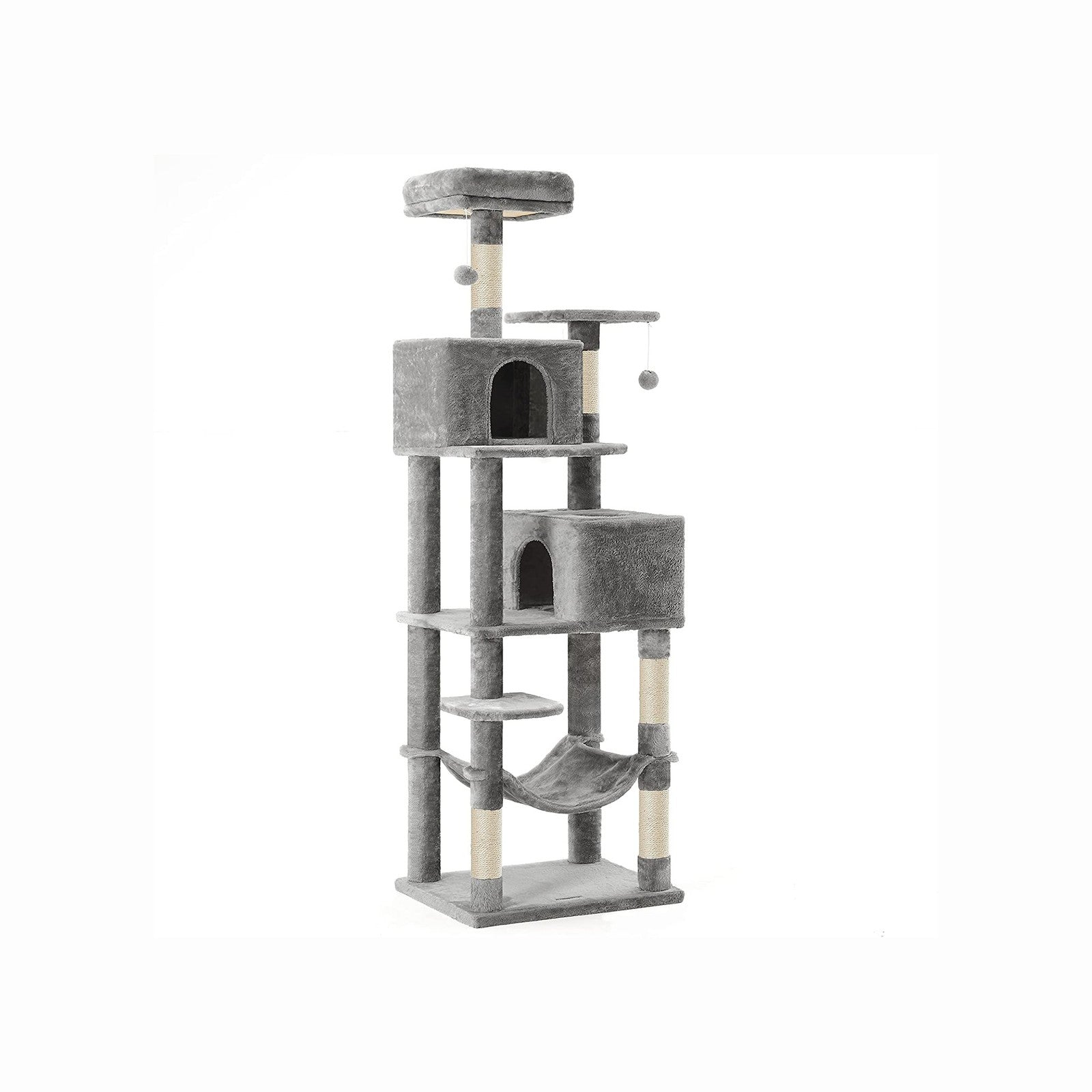 Tall Cat Tree Condo – Engineered Wood and Soft Fabric – Light Grey – Multi-Level Design with Scratching Posts