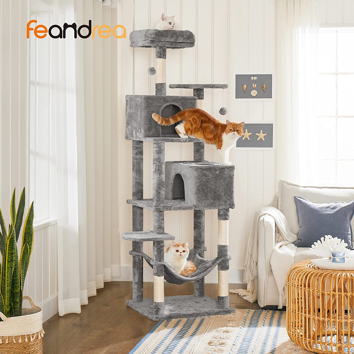 Tall Cat Tree Condo – Engineered Wood and Soft Fabric – Light Grey – Multi-Level Design with Scratching Posts