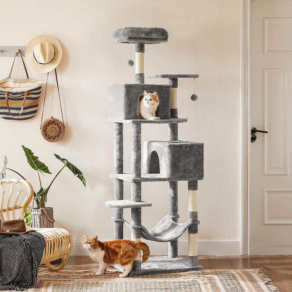 Tall Cat Tree Condo – Engineered Wood and Soft Fabric – Light Grey – Multi-Level Design with Scratching Posts