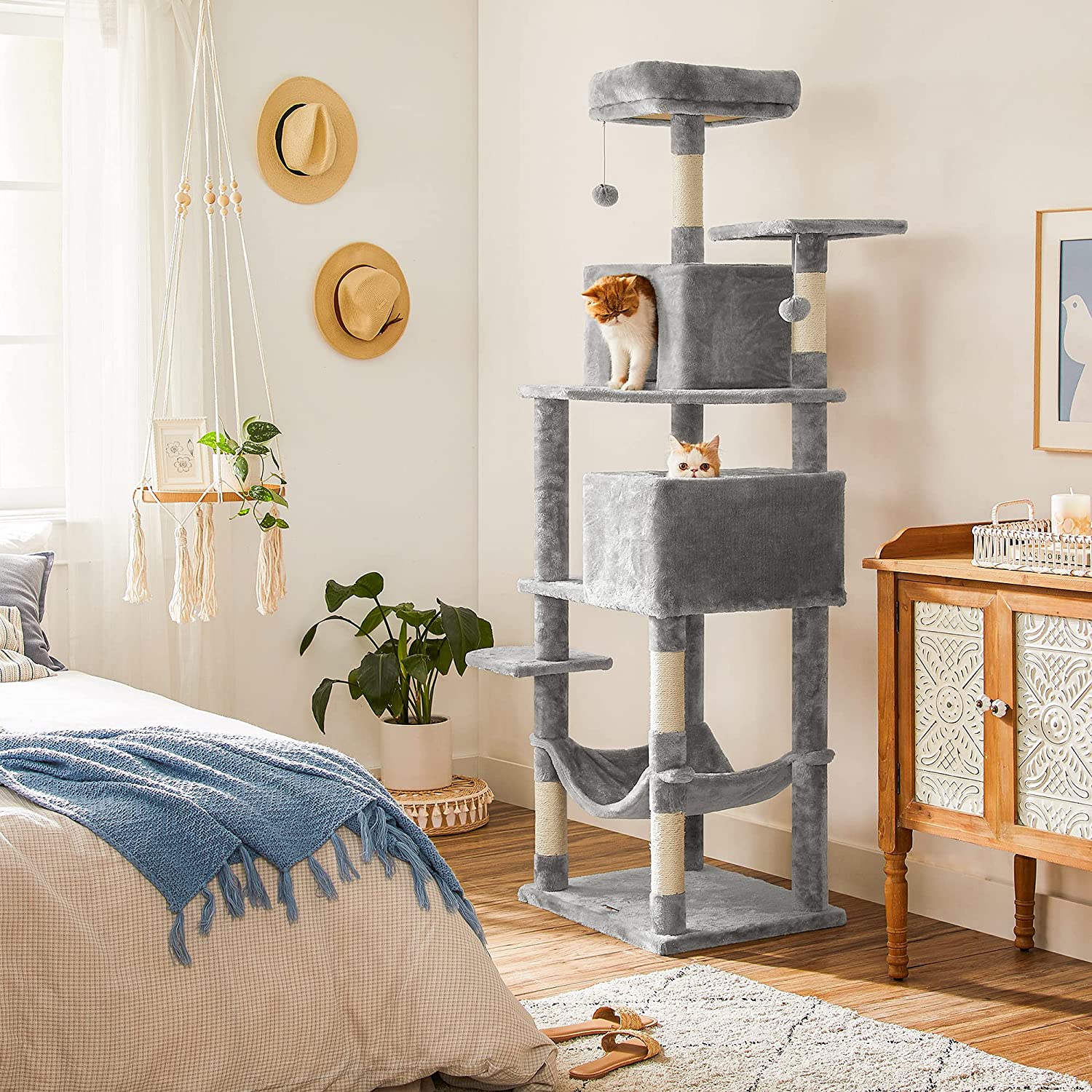 Tall Cat Tree Condo – Engineered Wood and Soft Fabric – Light Grey – Multi-Level Design with Scratching Posts