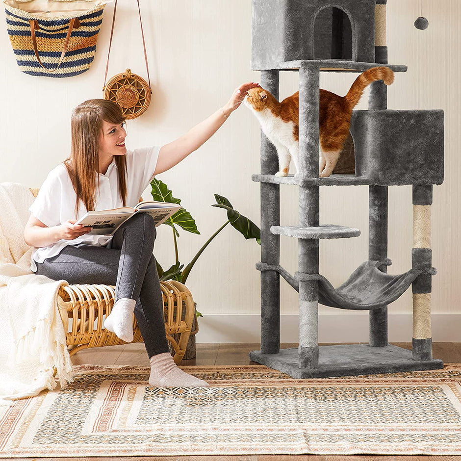 Tall Cat Tree Condo – Engineered Wood and Soft Fabric – Light Grey – Multi-Level Design with Scratching Posts