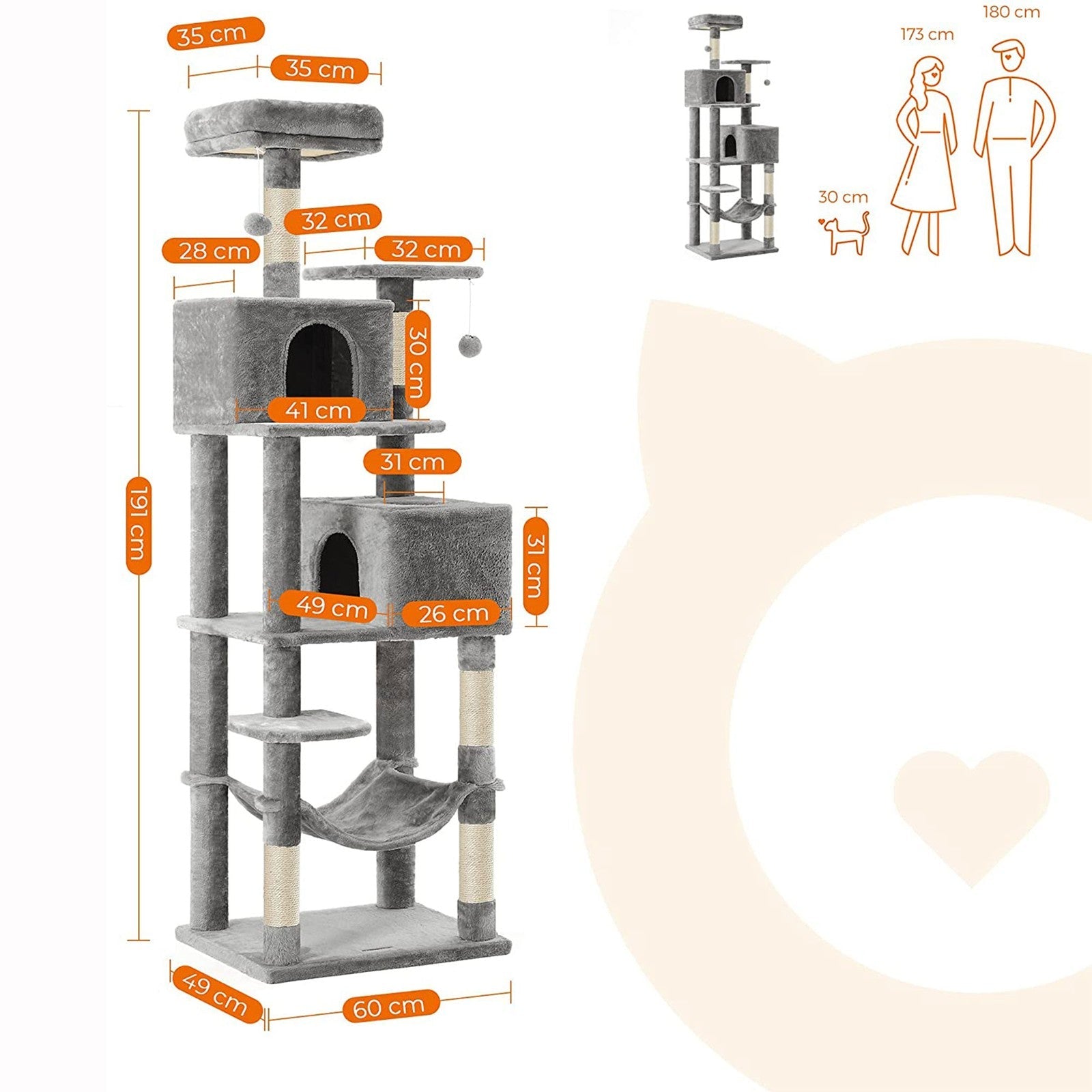 Tall Cat Tree Condo – Engineered Wood and Soft Fabric – Light Grey – Multi-Level Design with Scratching Posts