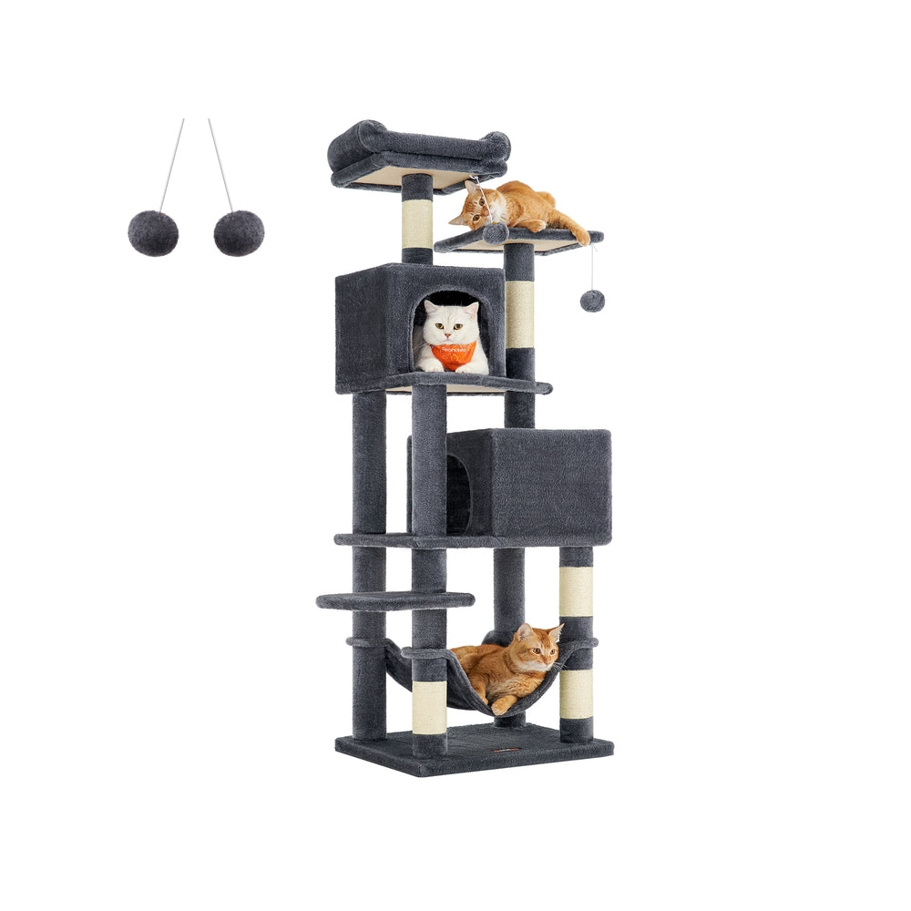 Multi-Level Cat Condo – Engineered Wood – Light Grey – 5 Scratching Posts, 2 Caves, 191 cm Tall