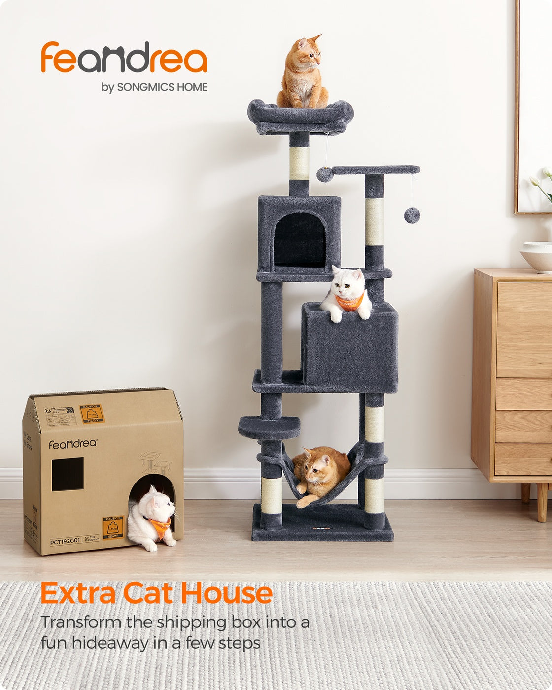 Multi-Level Cat Condo – Engineered Wood – Light Grey – 5 Scratching Posts, 2 Caves, 191 cm Tall