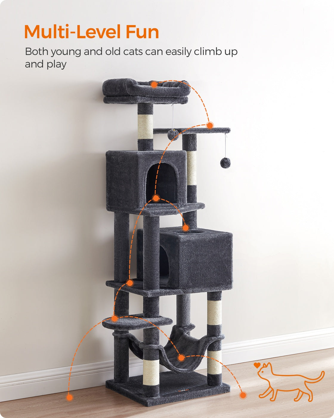 Multi-Level Cat Condo – Engineered Wood – Light Grey – 5 Scratching Posts, 2 Caves, 191 cm Tall