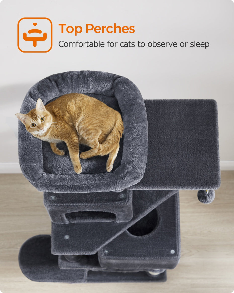 Multi-Level Cat Condo – Engineered Wood – Light Grey – 5 Scratching Posts, 2 Caves, 191 cm Tall
