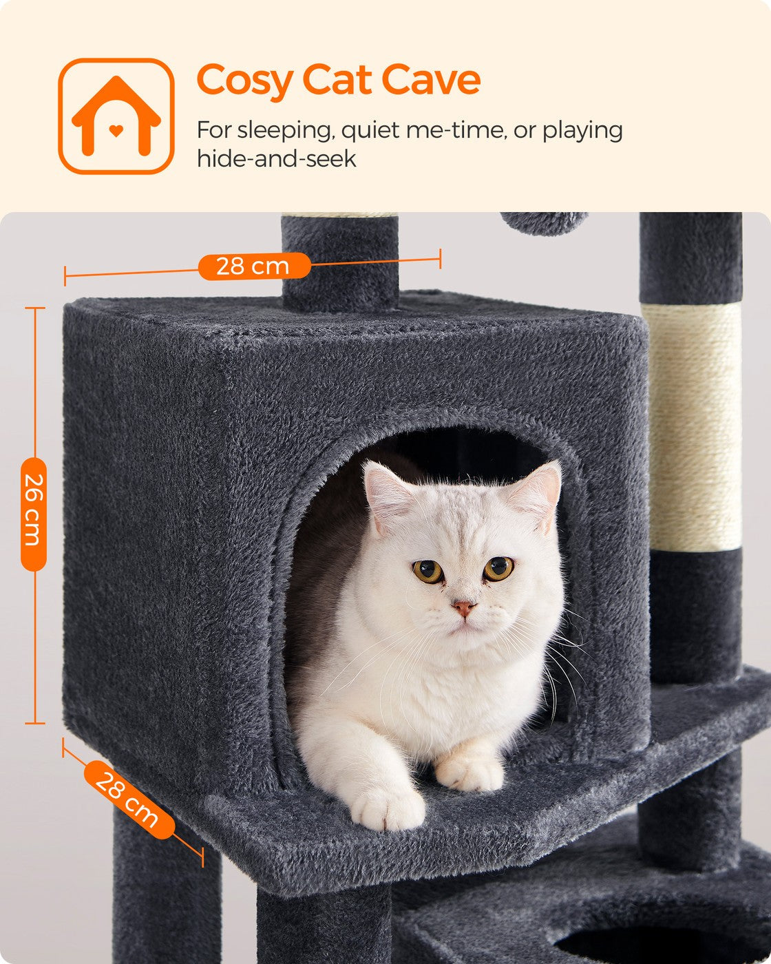 Multi-Level Cat Condo – Engineered Wood – Light Grey – 5 Scratching Posts, 2 Caves, 191 cm Tall