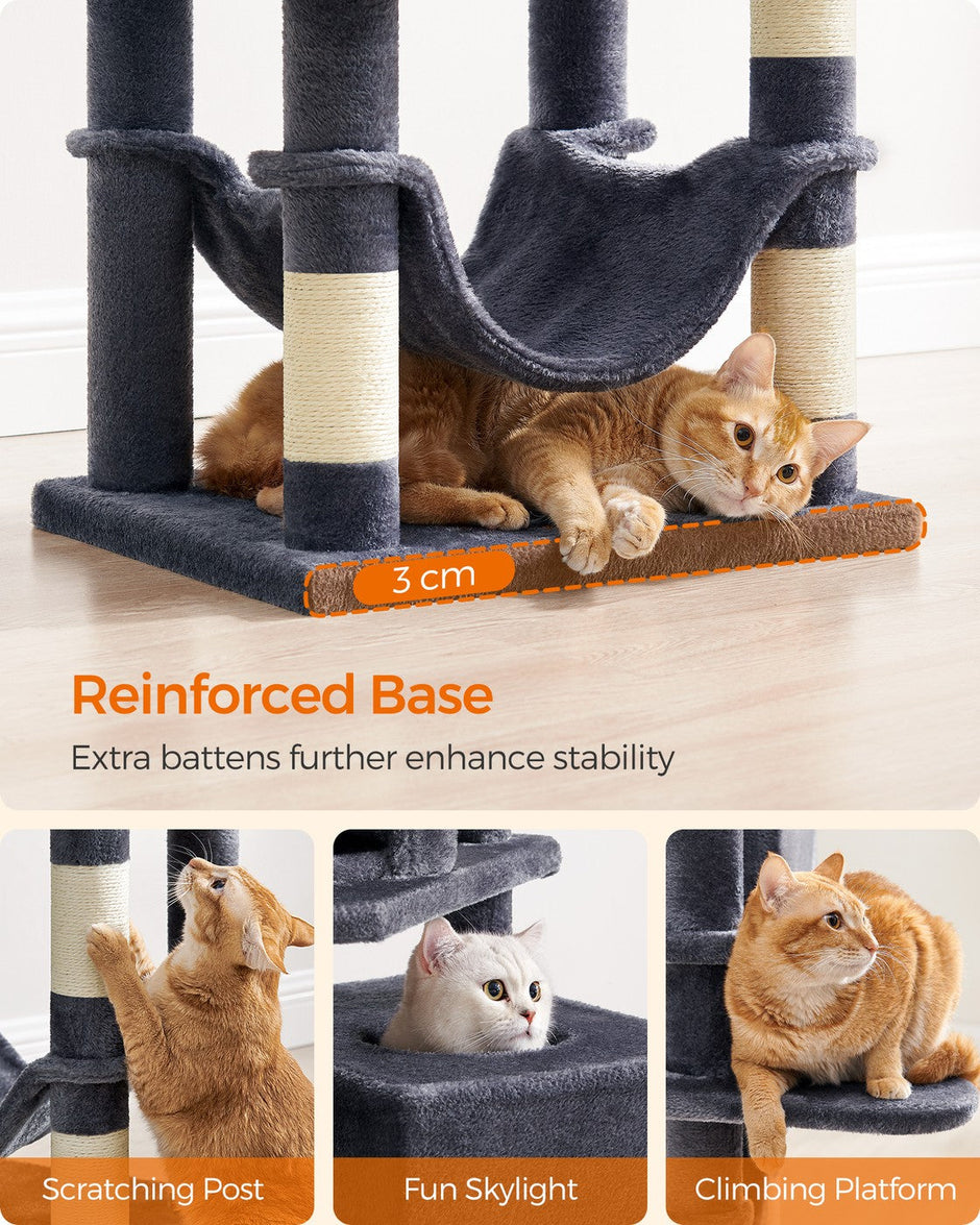 Multi-Level Cat Condo – Engineered Wood – Light Grey – 5 Scratching Posts, 2 Caves, 191 cm Tall