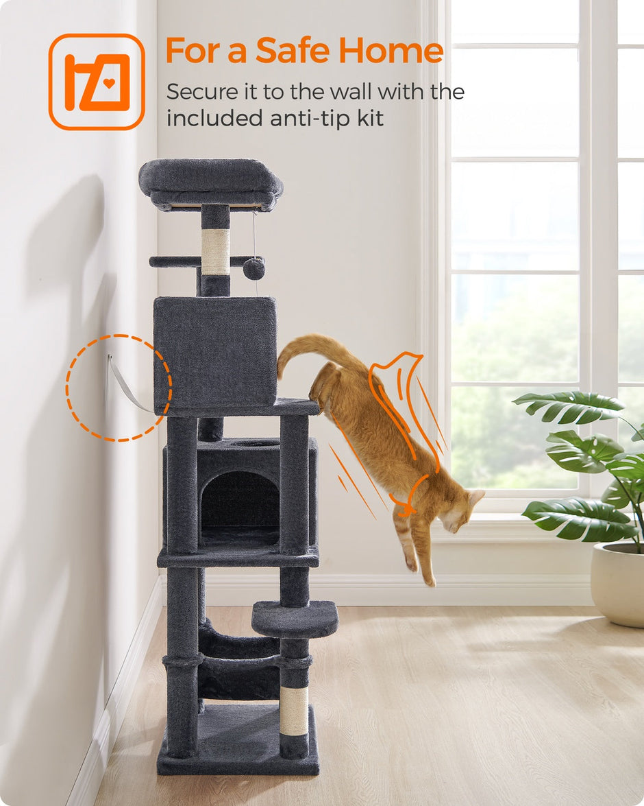 Multi-Level Cat Condo – Engineered Wood – Light Grey – 5 Scratching Posts, 2 Caves, 191 cm Tall