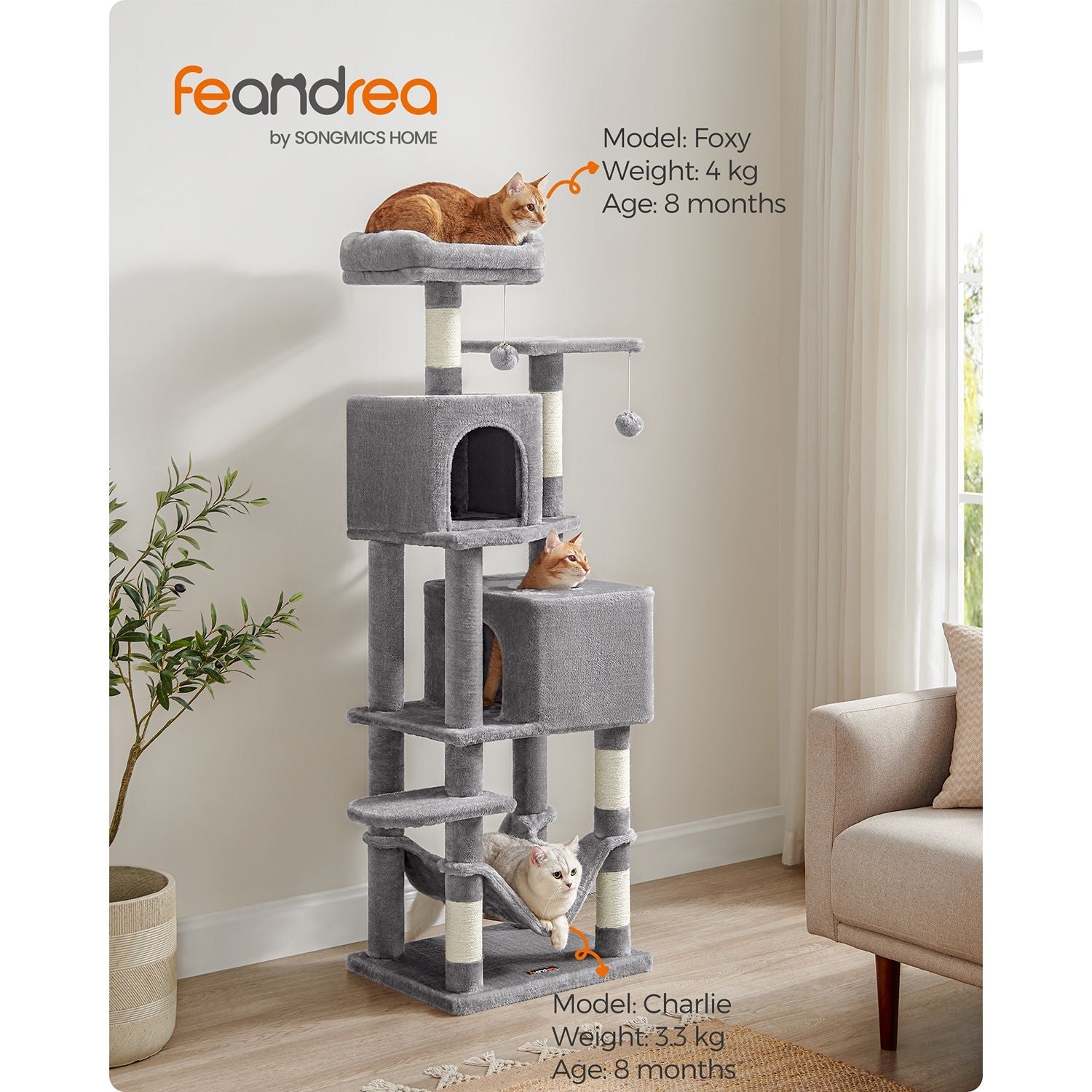 Cat Tree – Engineered Wood – Light Grey – 155 cm with Scratching Posts