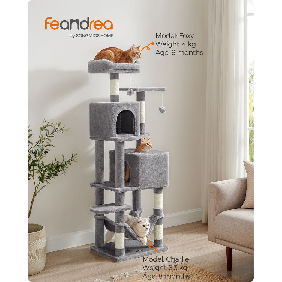 Cat Tree – Engineered Wood – Light Grey – 155 cm with Scratching Posts