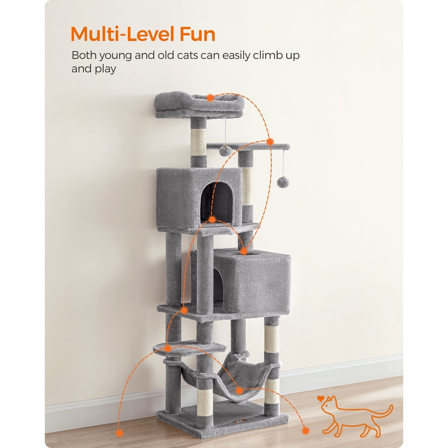 Cat Tree – Engineered Wood – Light Grey – 155 cm with Scratching Posts