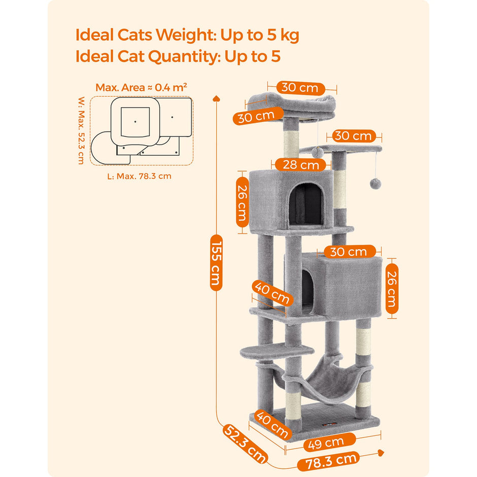 Cat Tree – Engineered Wood – Light Grey – 155 cm with Scratching Posts