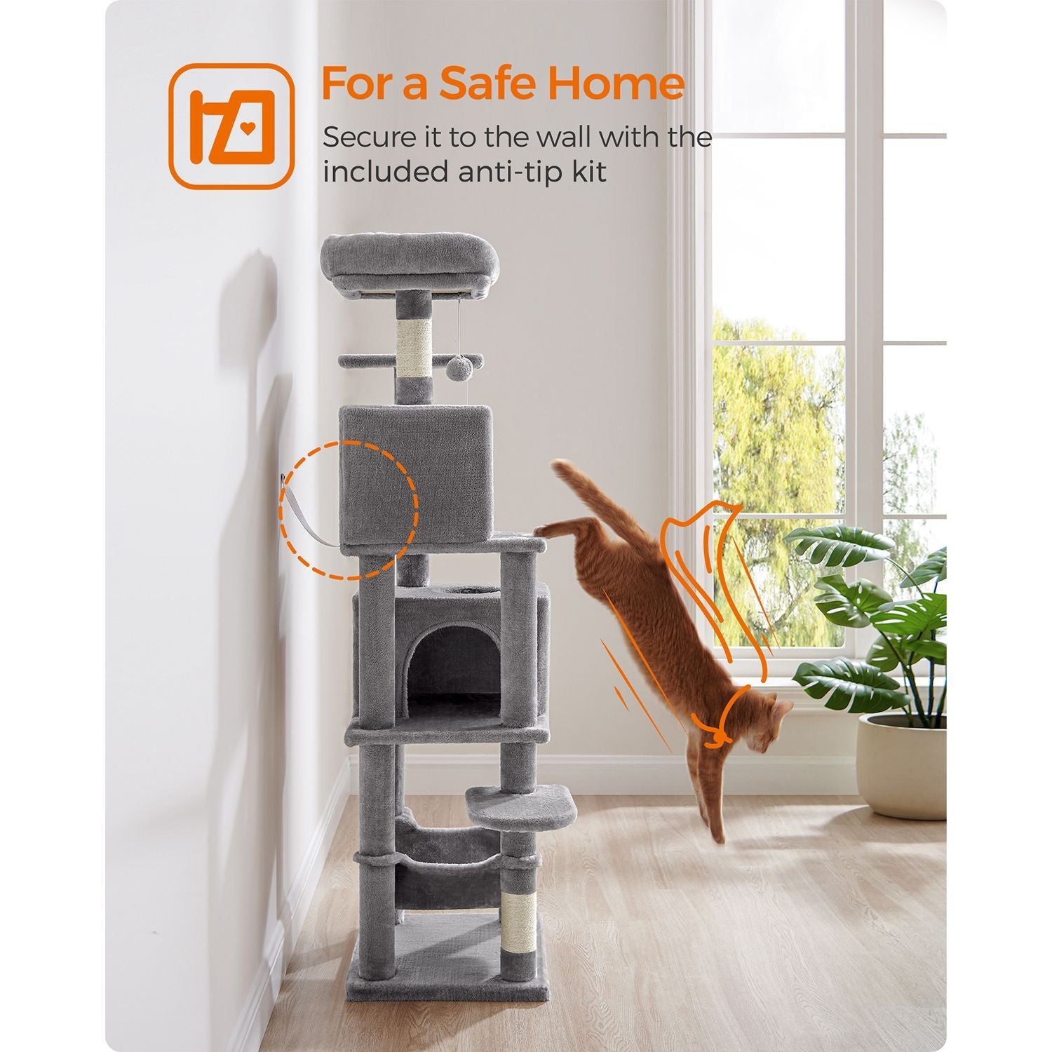 Cat Tree – Engineered Wood – Light Grey – 155 cm with Scratching Posts