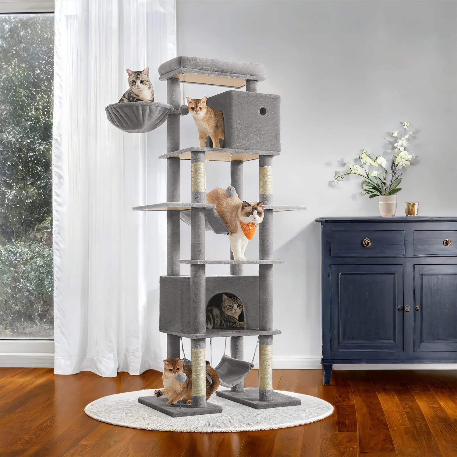 Cat Tower – Engineered Wood – Beige – Multi-Level with Scratching Posts and Hammocks
