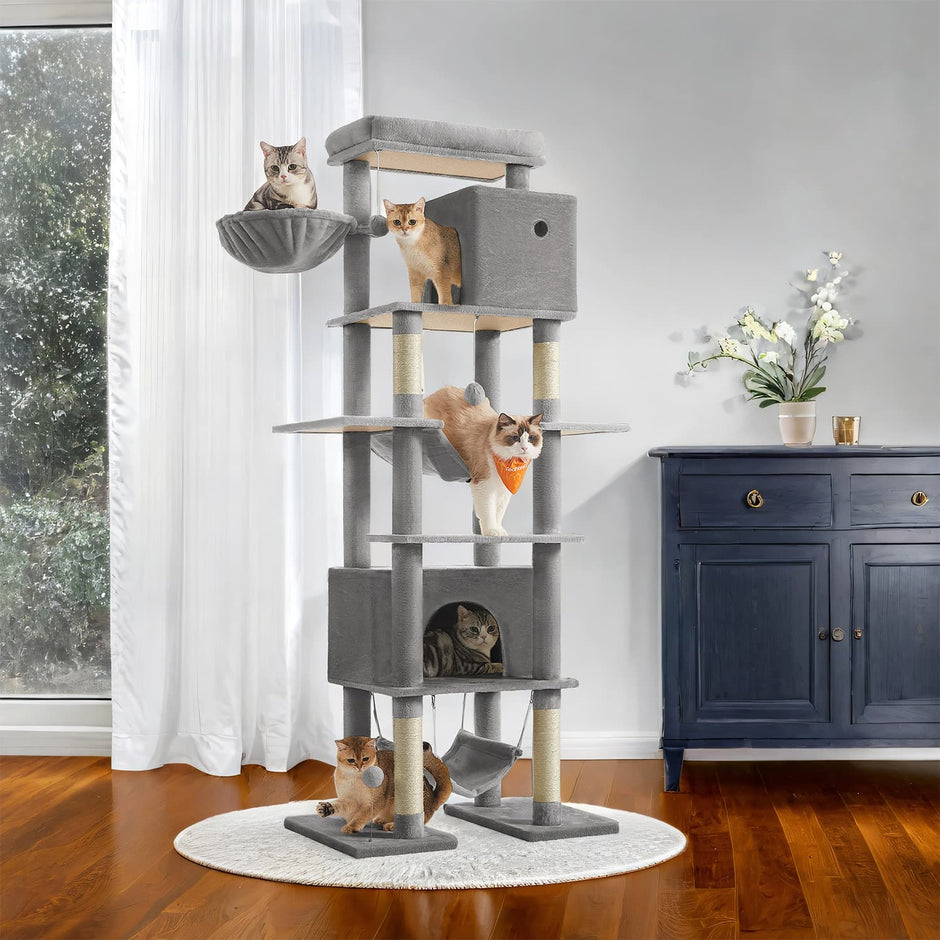 Cat Tower – Engineered Wood – Beige – Multi-Level with Scratching Posts and Hammocks