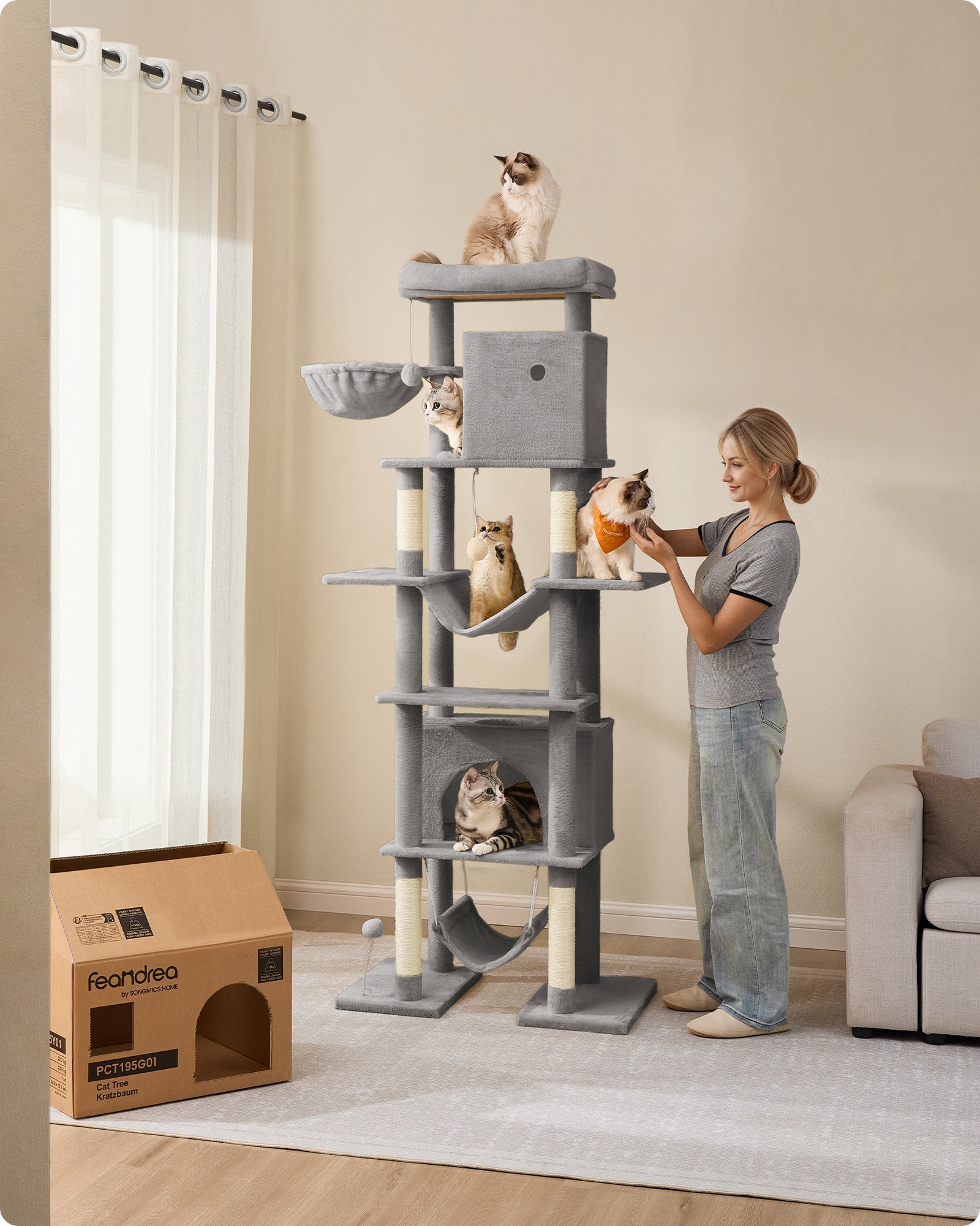 Cat Tree – Engineered Wood – Light Grey – XXL Large with Multi-Level Design and Scratching Posts