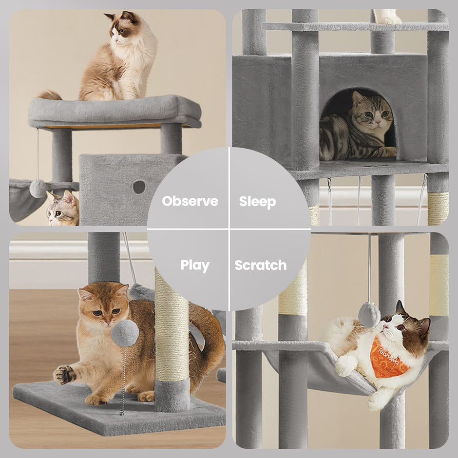 Cat Tower – Engineered Wood – Beige – Multi-Level with Scratching Posts and Hammocks