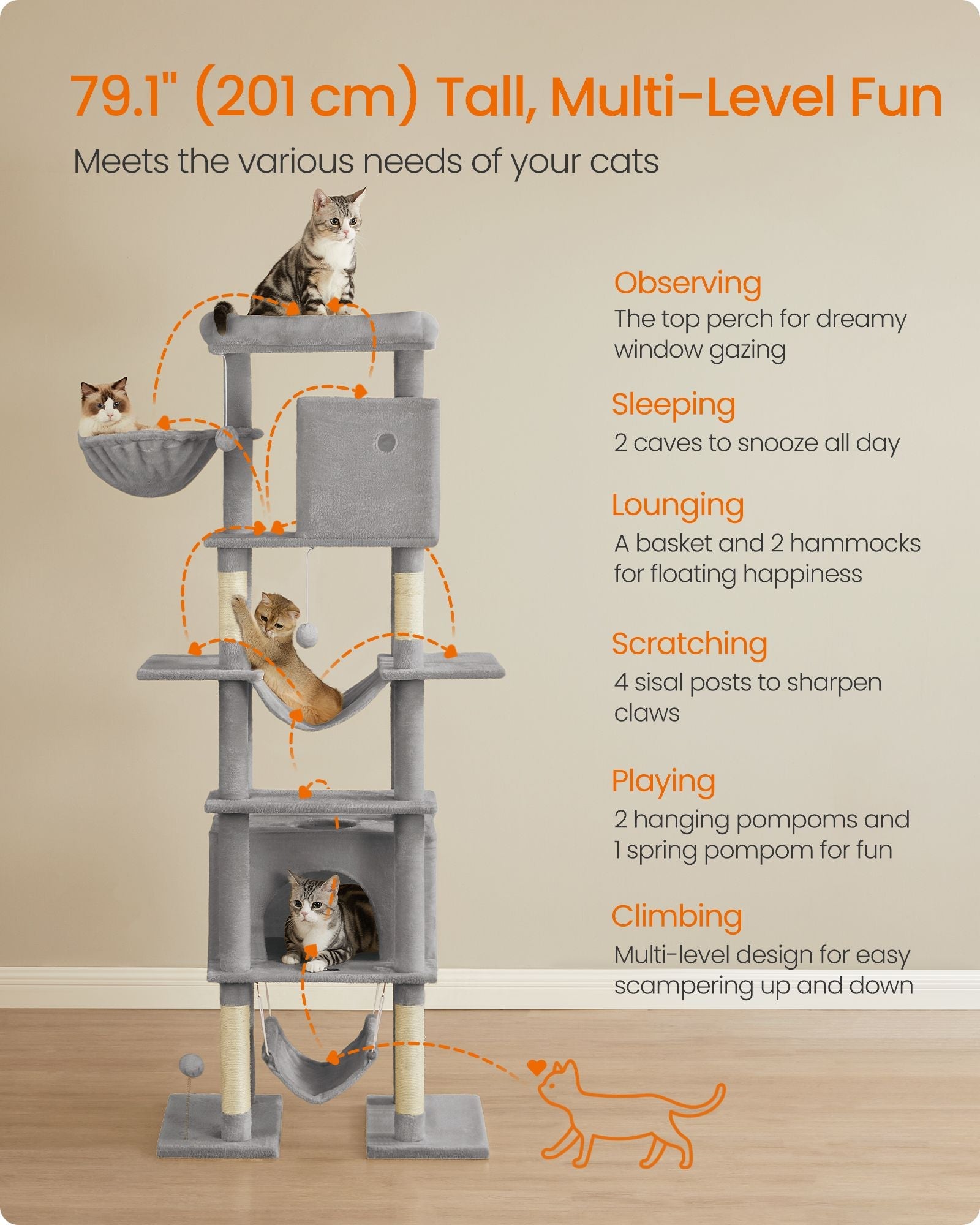 Cat Tree – Engineered Wood – Light Grey – XXL Large with Multi-Level Design and Scratching Posts