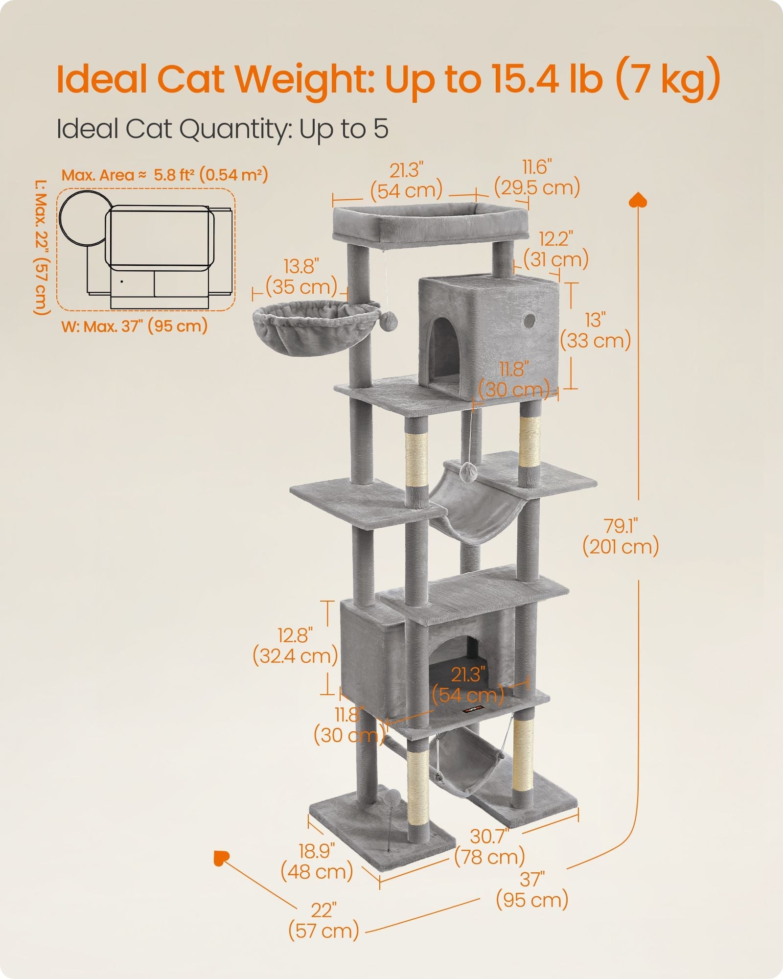 Cat Tree – Engineered Wood – Light Grey – XXL Large with Multi-Level Design and Scratching Posts