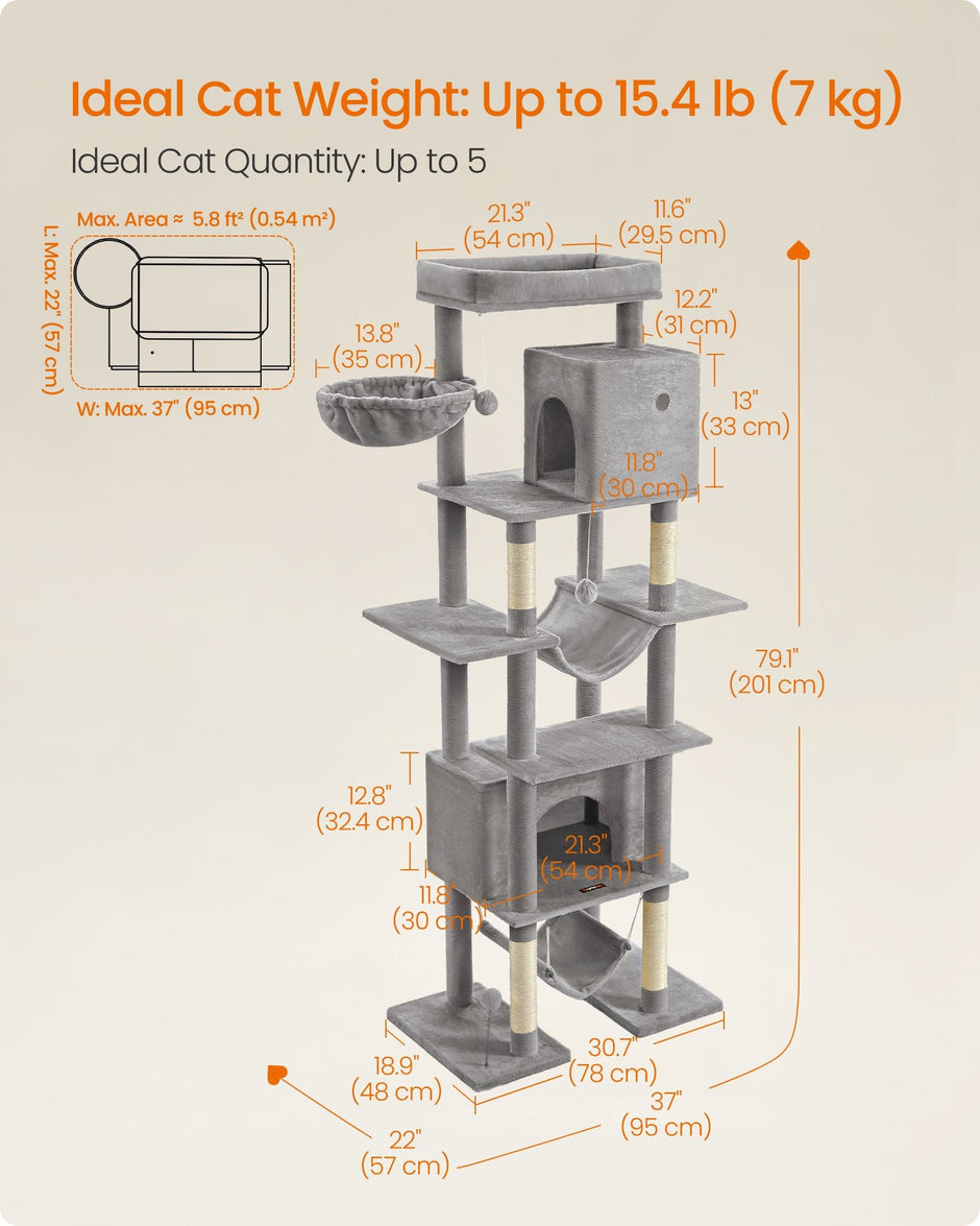 Cat Tree – Engineered Wood – Light Grey – XXL Large with Multi-Level Design and Scratching Posts