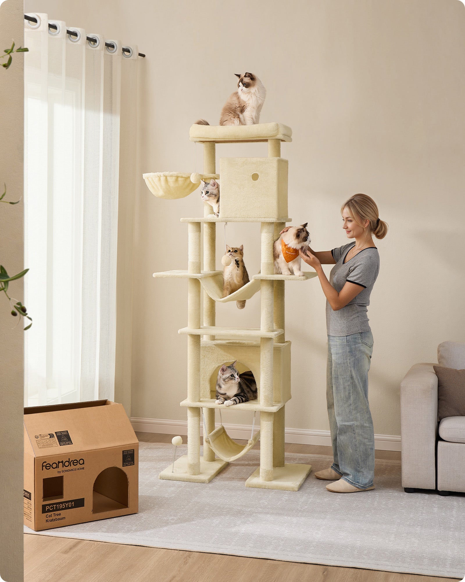 Cat Tree – Engineered Wood – Light Grey – XXL Large with Multi-Level Design and Scratching Posts