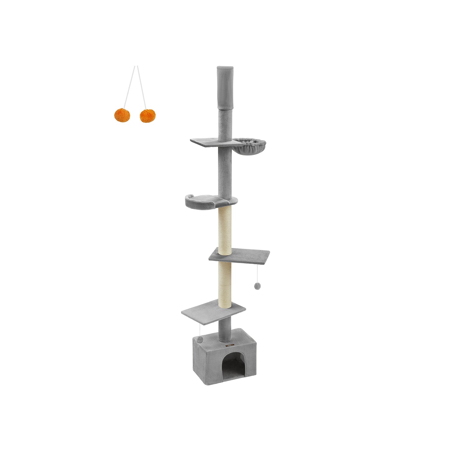 Cat Tree – Engineered Wood – Light Grey – Height Adjustable Multi-Level Condo with Scratching Posts, Cave, Hammock, and Perch
