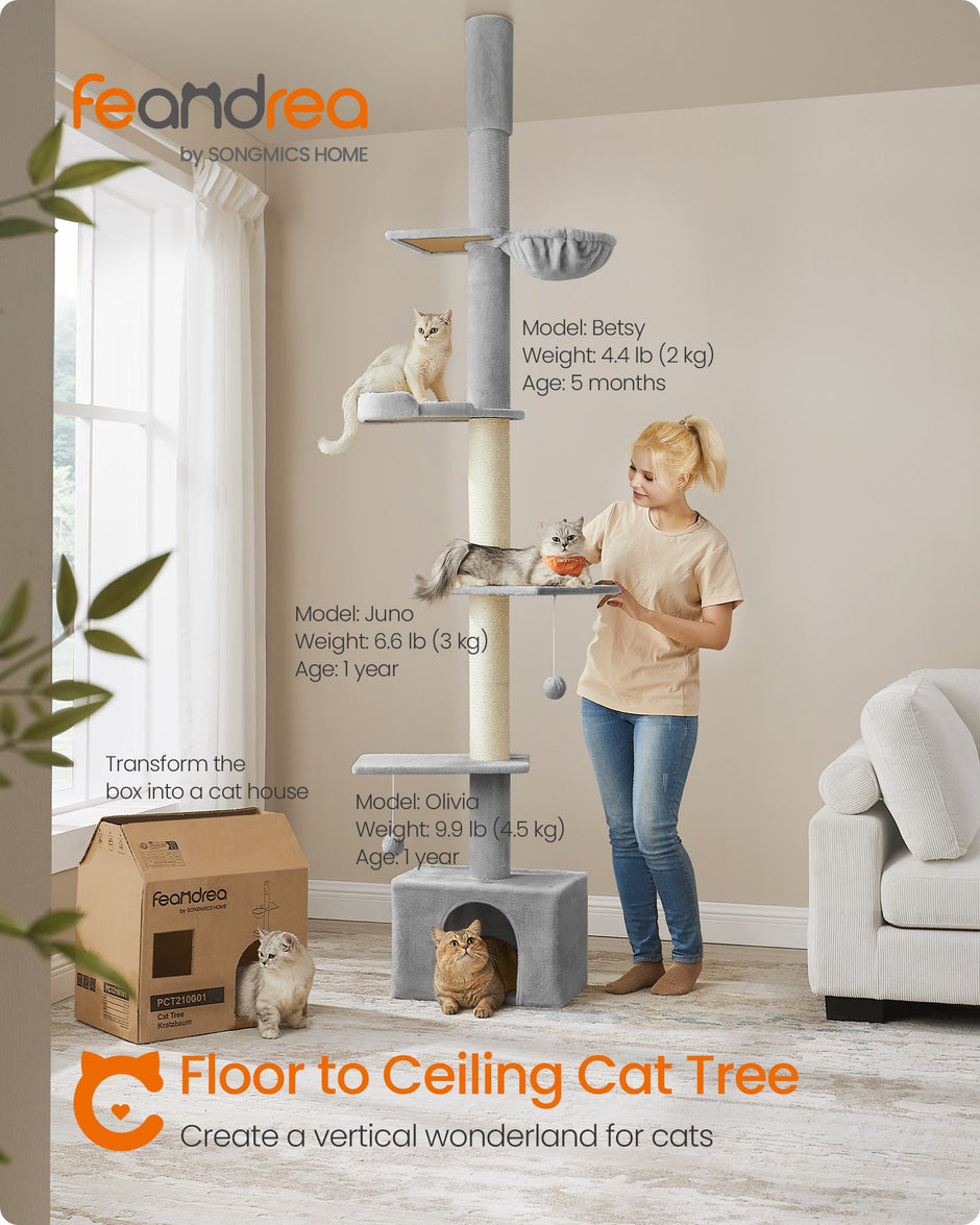 Cat Tree – Engineered Wood – Light Grey – Height Adjustable Multi-Level Condo with Scratching Posts, Cave, Hammock, and Perch