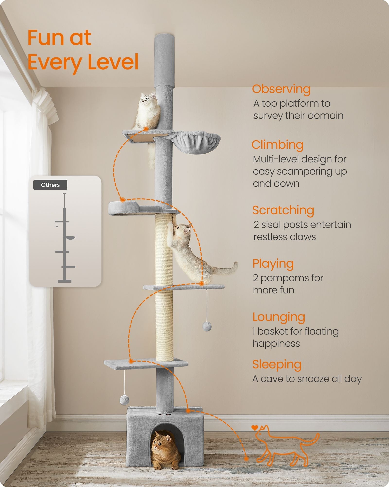 Cat Tree – Engineered Wood – Light Grey – Height Adjustable Multi-Level Condo with Scratching Posts, Cave, Hammock, and Perch