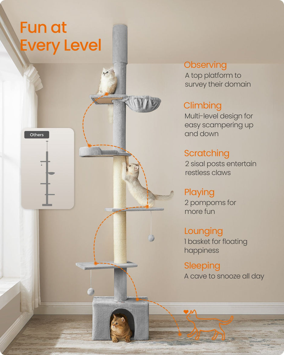 Cat Tree – Engineered Wood – Light Grey – Height Adjustable Multi-Level Condo with Scratching Posts, Cave, Hammock, and Perch