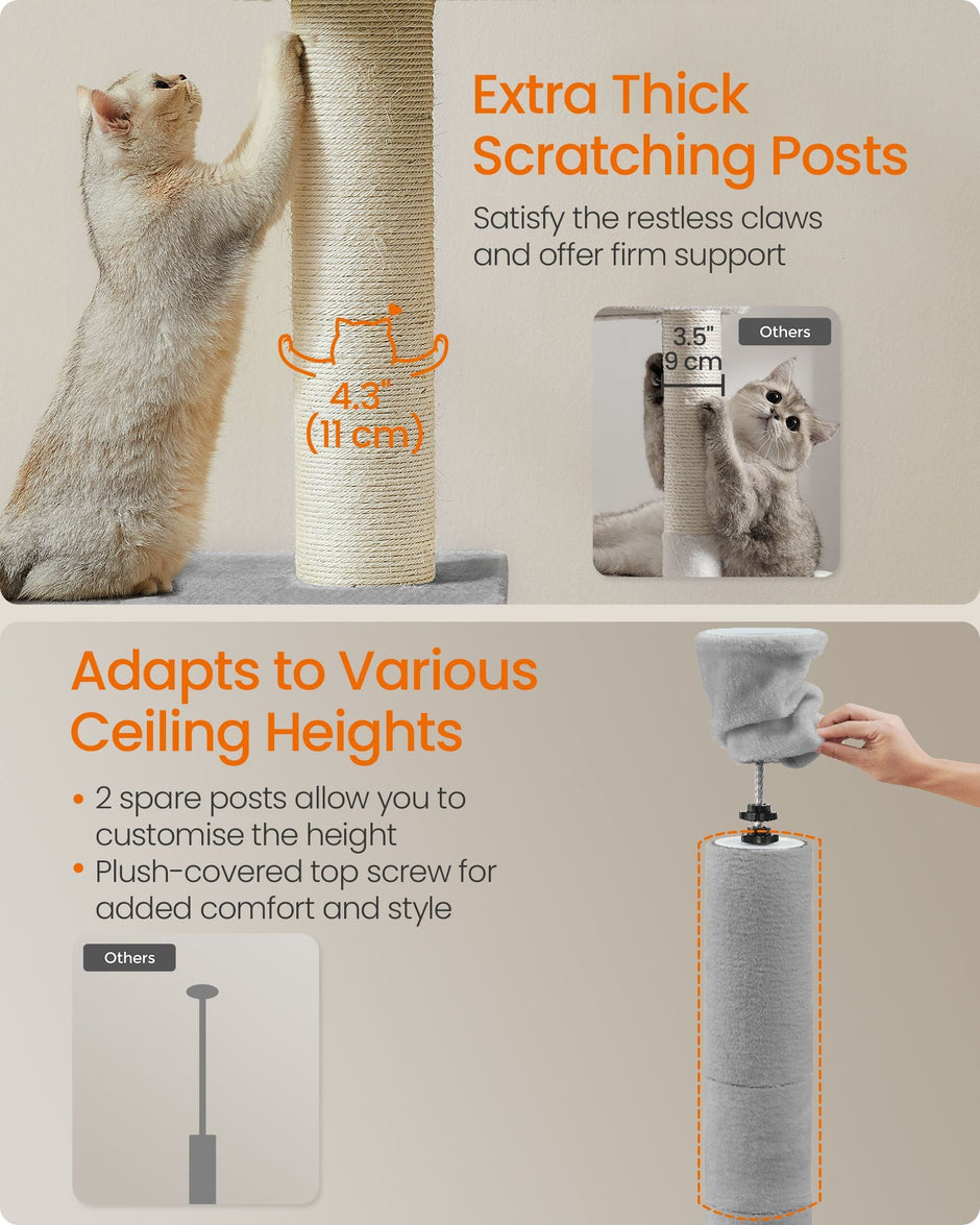 Cat Tree – Engineered Wood – Light Grey – Height Adjustable Multi-Level Condo with Scratching Posts, Cave, Hammock, and Perch