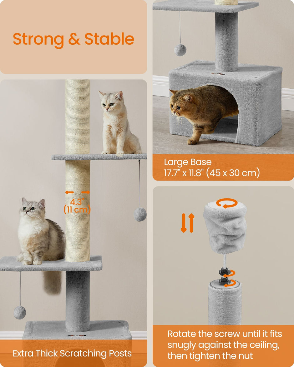 Cat Tree – Engineered Wood – Light Grey – Height Adjustable Multi-Level Condo with Scratching Posts, Cave, Hammock, and Perch