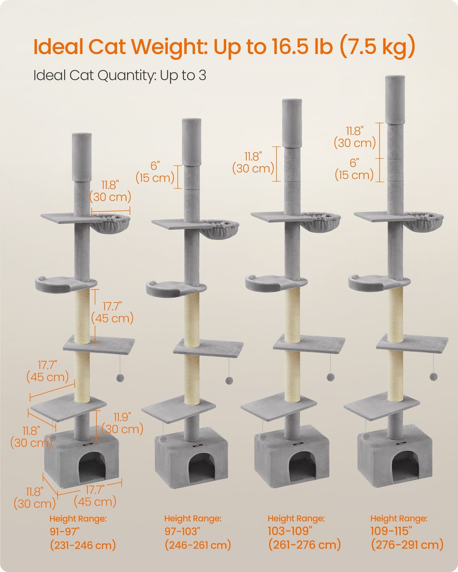 Cat Tree – Engineered Wood – Light Grey – Height Adjustable Multi-Level Condo with Scratching Posts, Cave, Hammock, and Perch
