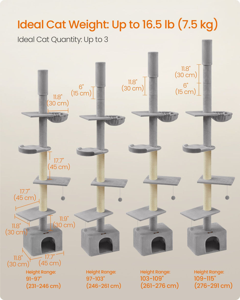 Cat Tree – Engineered Wood – Light Grey – Height Adjustable Multi-Level Condo with Scratching Posts, Cave, Hammock, and Perch