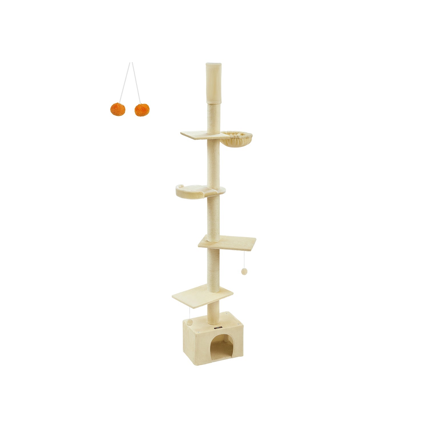 Floor to Ceiling Cat Tree – Engineered Wood – Beige – Height Adjustable with Multi-Level Design and Integrated Scratching Posts, Cave, Hammock, and Perch