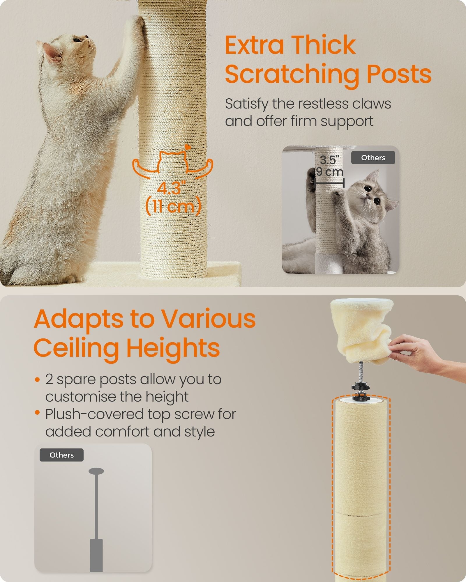 Floor to Ceiling Cat Tree – Engineered Wood – Beige – Height Adjustable with Multi-Level Design and Integrated Scratching Posts, Cave, Hammock, and Perch
