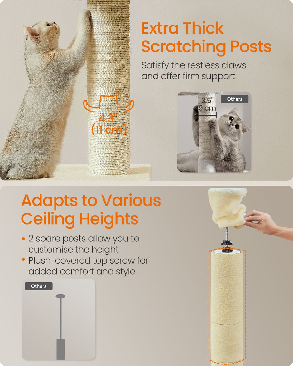 Floor to Ceiling Cat Tree – Engineered Wood – Beige – Height Adjustable with Multi-Level Design and Integrated Scratching Posts, Cave, Hammock, and Perch