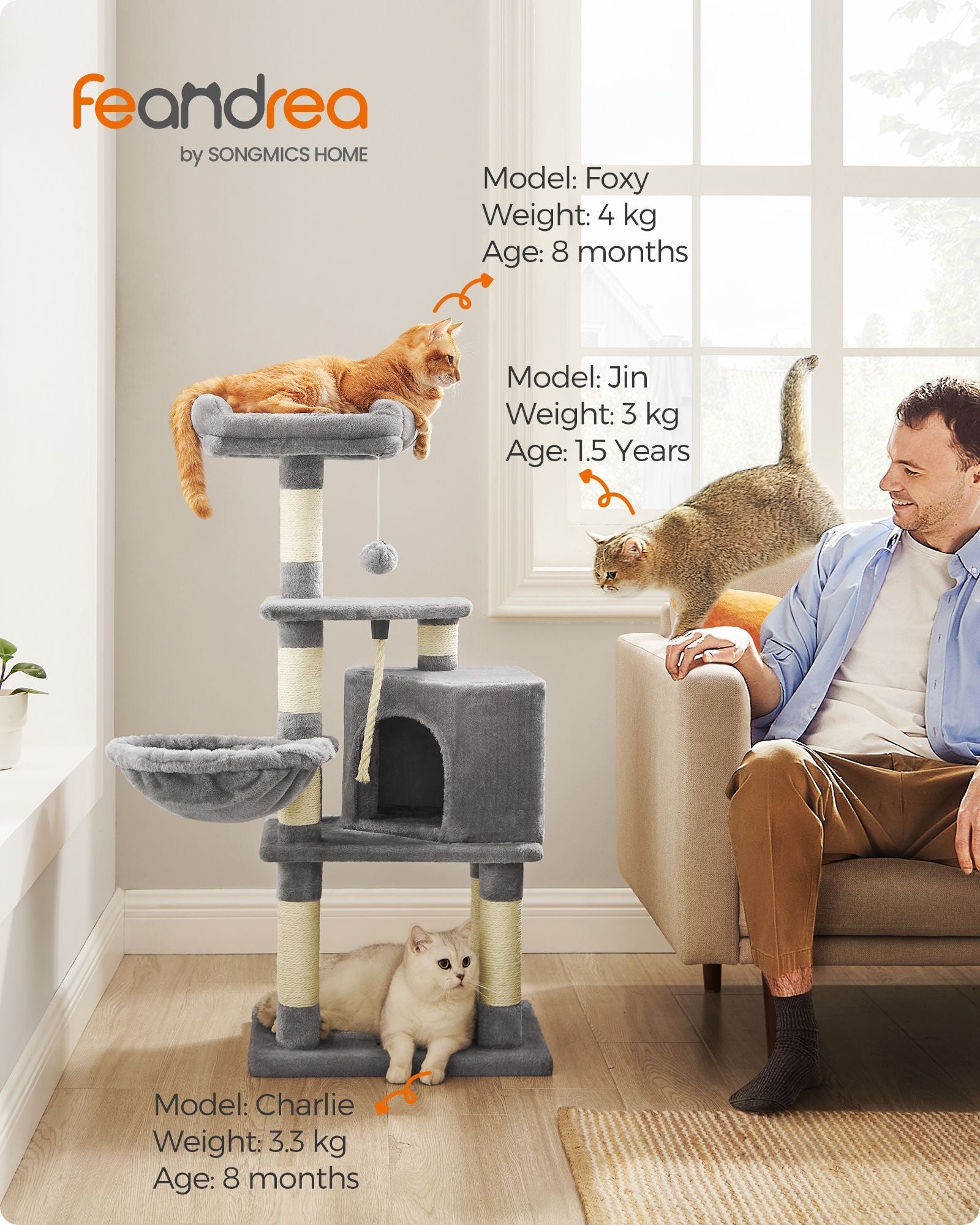 Cat Tower – Wood & Fabric – Light Grey – 110 cm Height for Indoor Cats