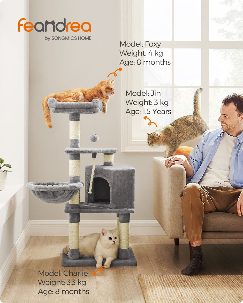 Cat Tower – Wood & Fabric – Light Grey – 110 cm Height for Indoor Cats