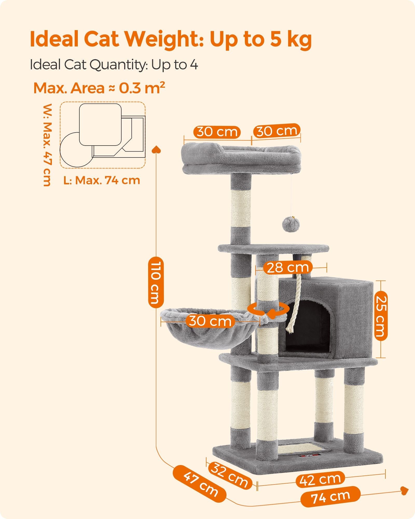 Cat Tower – Wood & Fabric – Light Grey – 110 cm Height for Indoor Cats