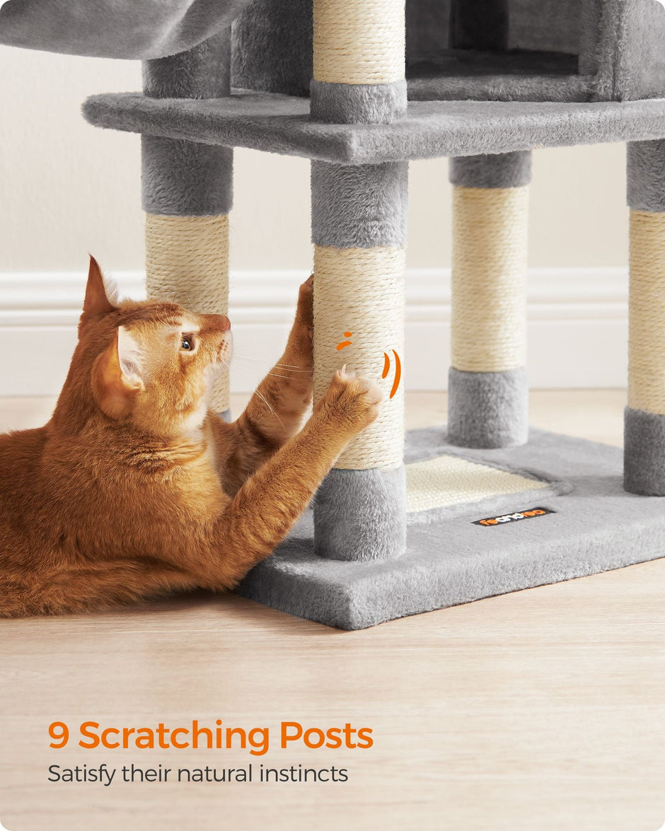 Cat Tower – Wood & Fabric – Light Grey – 110 cm Height for Indoor Cats