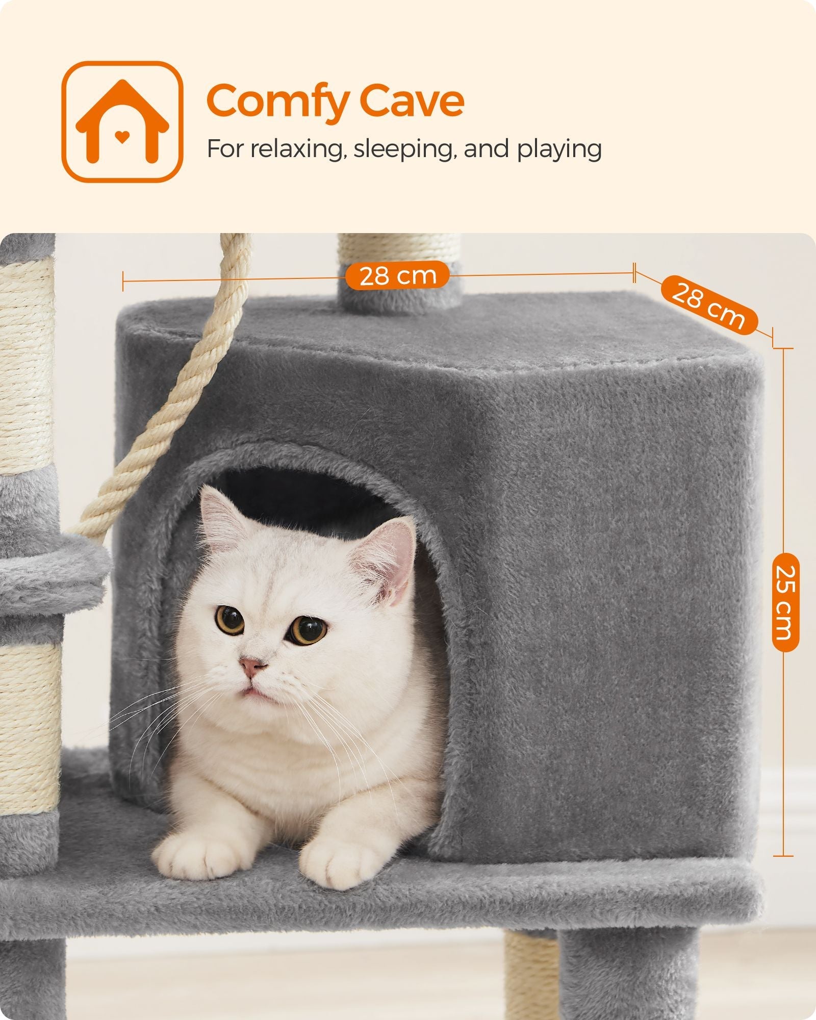 Cat Tower – Wood & Fabric – Light Grey – 110 cm Height for Indoor Cats