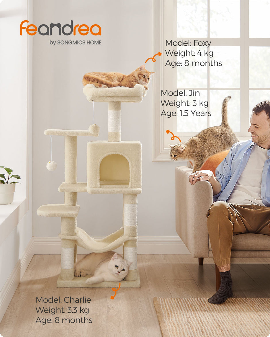 Cat Tower – Plywood – Light Grey – Multi-Level with Hammock