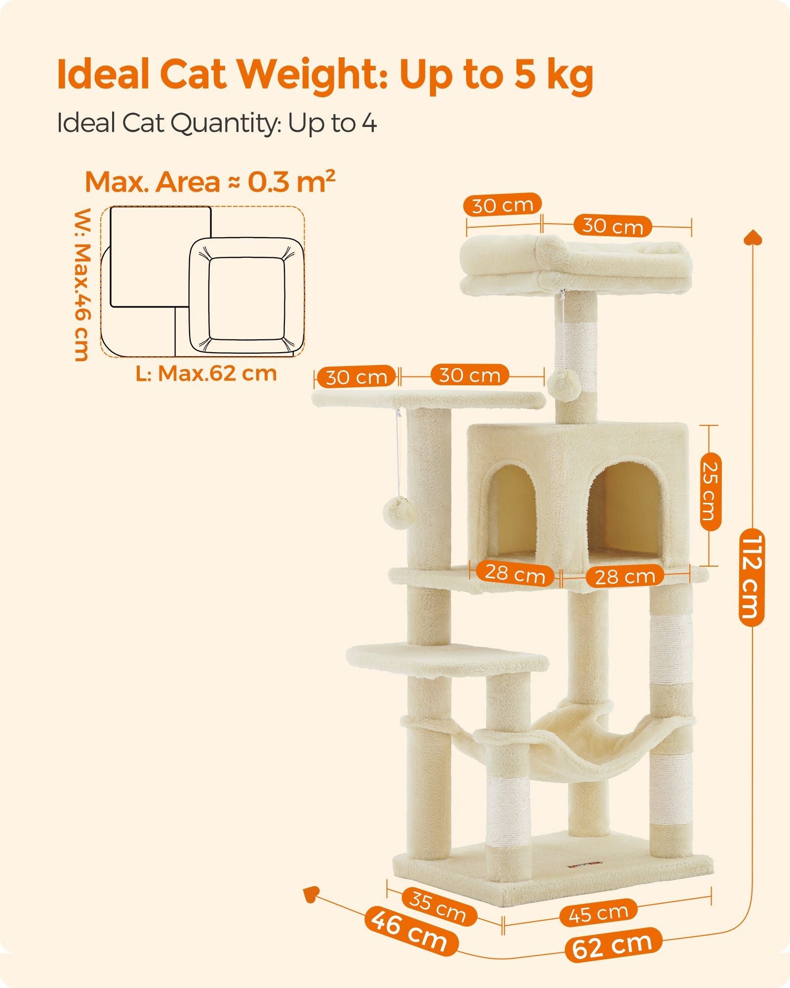 Cat Tower – Plywood – Light Grey – Multi-Level with Hammock