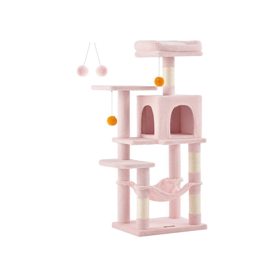 Multi-Level Cat Tree – Engineered Wood – Light Gray/Smoky Gray/Beige/Cream White – Includes 4 Scratching Posts and Hammock