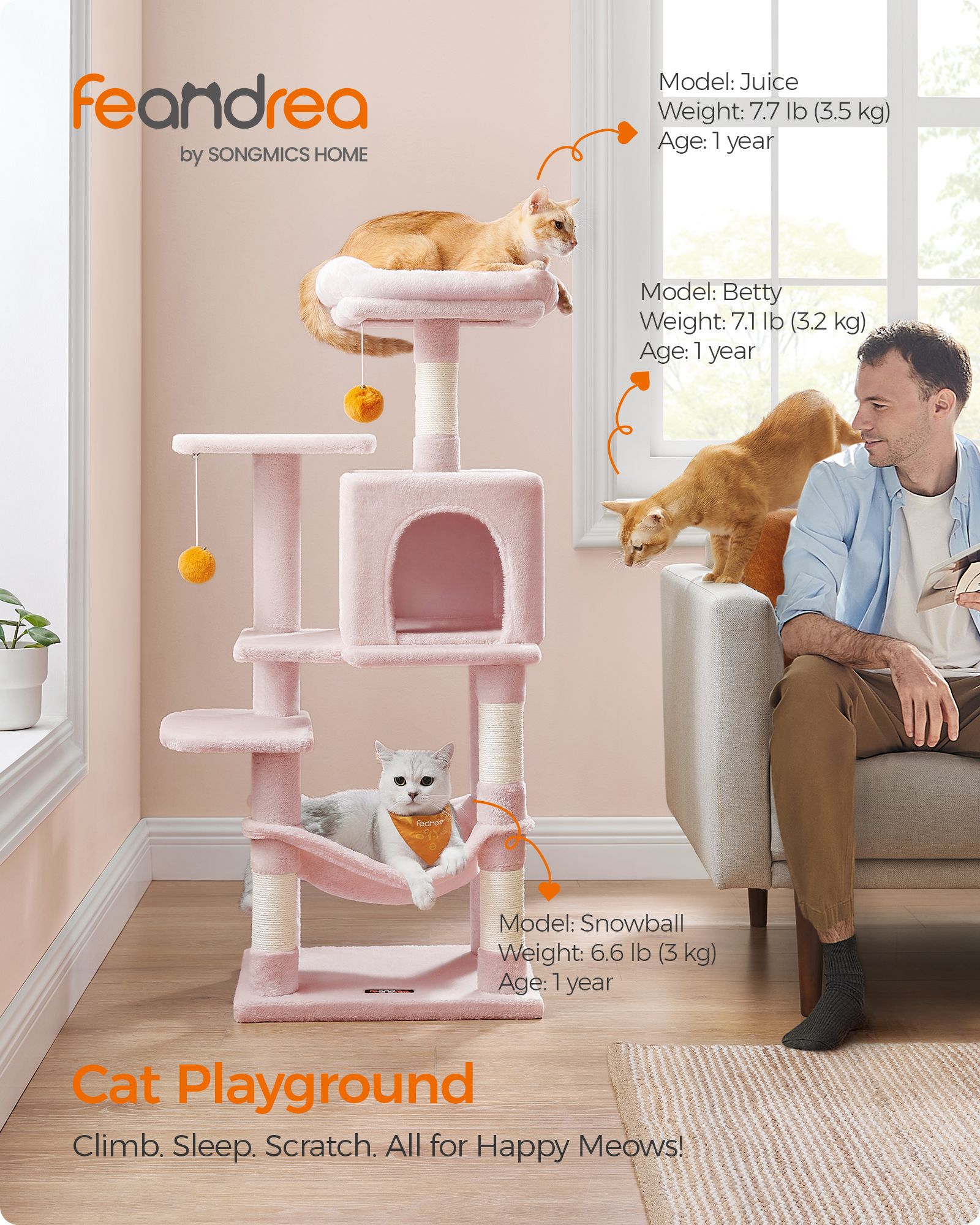 Cat Tree – Wood and Fabric – Light Grey – 112 cm with Hammock