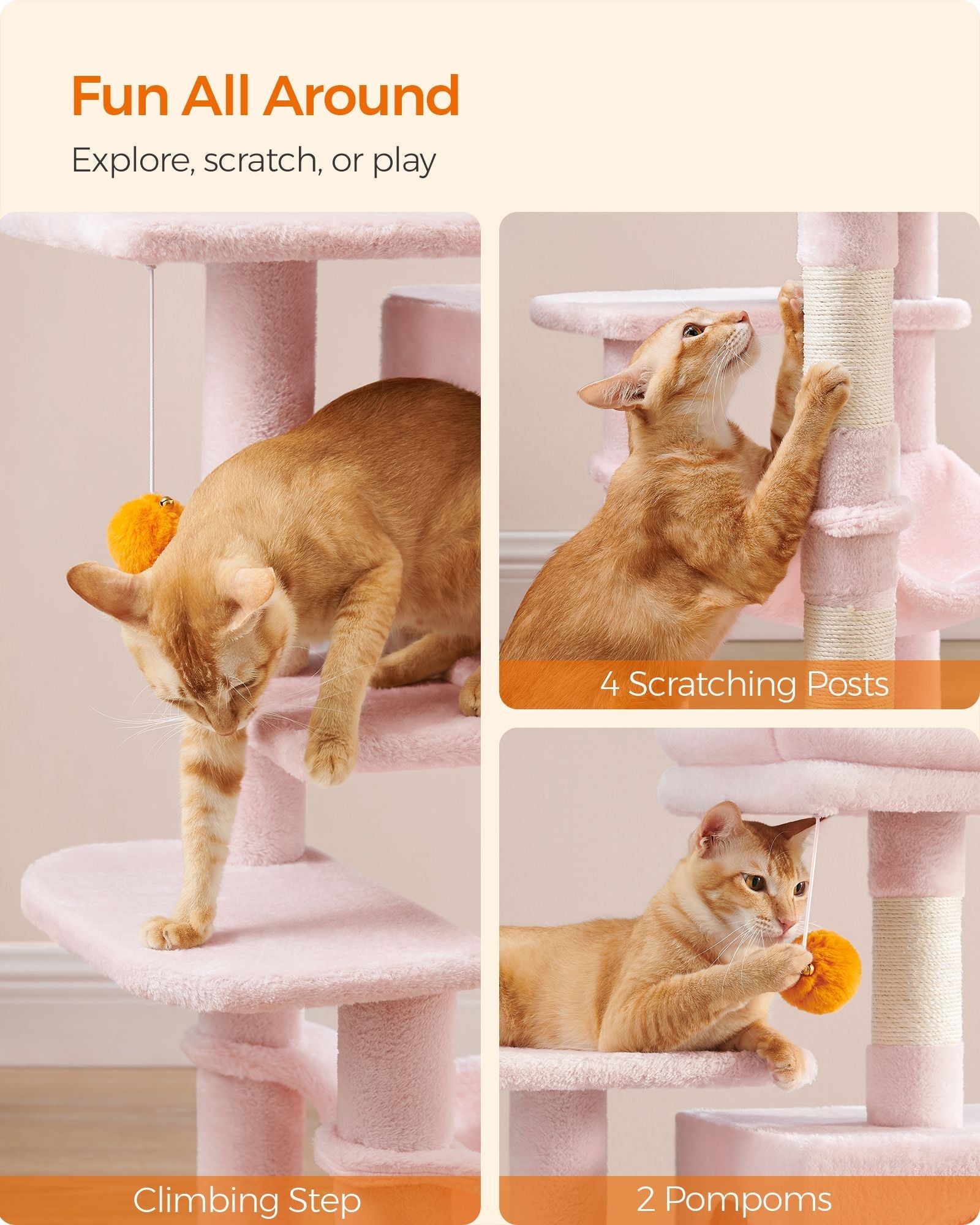 Multi-Level Cat Tree – Engineered Wood – Light Gray/Smoky Gray/Beige/Cream White – Includes 4 Scratching Posts and Hammock