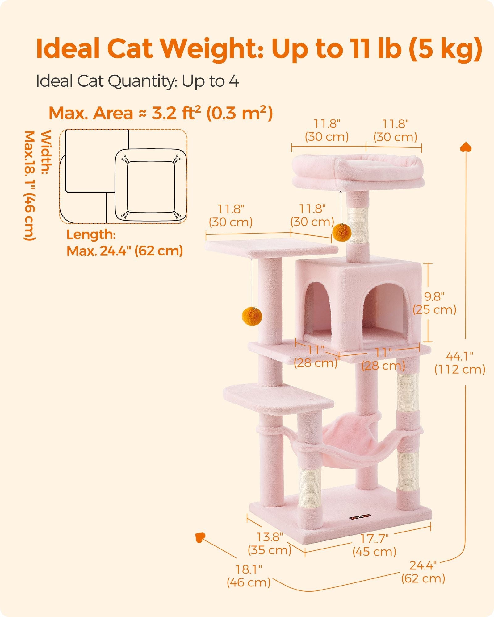 Multi-Level Cat Tree – Engineered Wood – Light Gray/Smoky Gray/Beige/Cream White – Includes 4 Scratching Posts and Hammock