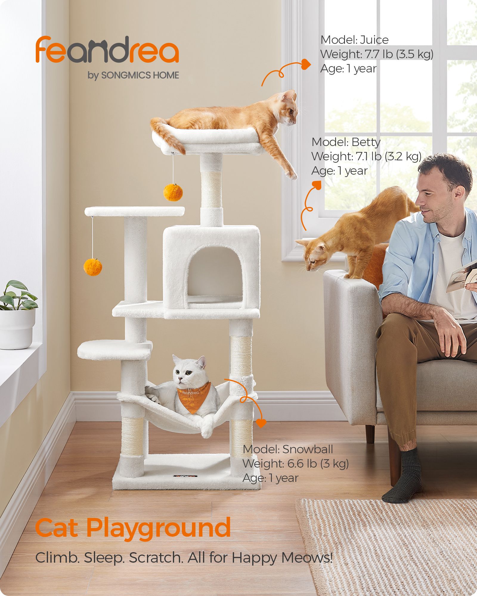 Cat Tree – Wood and Fabric – Light Grey – 112 cm with Hammock